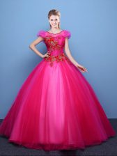 Fantastic Scoop Short Sleeves Lace Up Floor Length Appliques Sweet 16 Quinceanera Dress