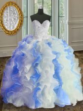  Floor Length White and Blue Sweet 16 Dresses Sweetheart Sleeveless Lace Up