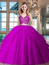  Fuchsia V-neck Zipper Lace and Ruffled Layers Sweet 16 Quinceanera Dress Sleeveless