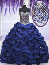 Most Popular Royal Blue Ball Gowns Sweetheart Sleeveless Taffeta Floor Length Lace Up Beading and Pick Ups Quinceanera Dresses
