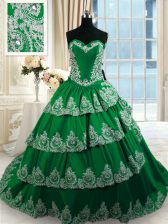 Custom Fit Dark Green Sleeveless With Train Beading and Appliques and Ruffled Layers Lace Up Ball Gown Prom Dress