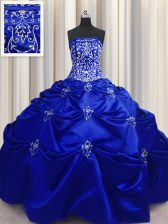  Sleeveless Floor Length Beading and Appliques and Embroidery Lace Up Vestidos de Quinceanera with Royal Blue