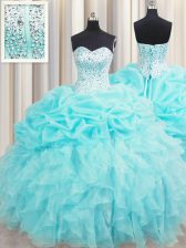 Dramatic Visible Boning Aqua Blue Sleeveless Beading and Ruffles and Pick Ups Floor Length 15 Quinceanera Dress