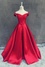  Off the Shoulder Short Sleeves Sweep Train Sashes ribbons and Bowknot Zipper Homecoming Dress