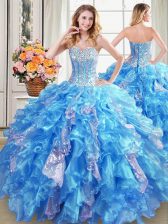Captivating Sleeveless Organza Floor Length Lace Up Vestidos de Quinceanera in Baby Blue with Beading and Ruffles and Sequins
