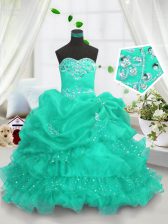Great Beading and Ruffled Layers and Pick Ups Little Girls Pageant Dress Turquoise Lace Up Sleeveless Floor Length