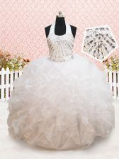 Delicate Halter Top Floor Length Ball Gowns Sleeveless White Flower Girl Dresses for Less Lace Up