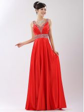  Beading Prom Party Dress Coral Red Zipper Sleeveless Floor Length