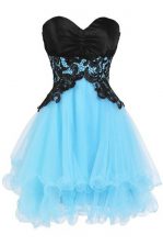 Glorious Blue And Black Sleeveless Appliques Mini Length Prom Dress