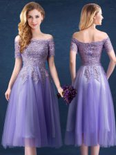 Glamorous Off the Shoulder Lavender Empire Beading and Lace Dama Dress Zipper Tulle Short Sleeves Tea Length