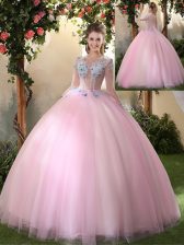 Shining Baby Pink Scoop Lace Up Appliques Quinceanera Dresses Long Sleeves