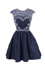 Wonderful Scoop Cap Sleeves Prom Party Dress Knee Length Beading Navy Blue Satin