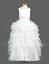 High Quality Scoop Sleeveless Floor Length Ruffled Layers Zipper Flower Girl Dresses with White