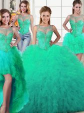 Adorable Four Piece Scoop Turquoise Sleeveless Tulle Lace Up Sweet 16 Dress for Military Ball and Sweet 16 and Quinceanera