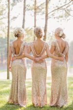 Attractive Mermaid Scoop Cap Sleeves Floor Length Sequins Zipper Homecoming Dress with Champagne