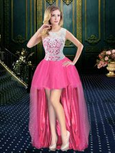 Hot Selling Hot Pink Organza Zipper Scoop Sleeveless High Low Prom Dresses Brush Train Beading
