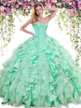 Vintage Apple Green Sweetheart Neckline Beading and Ruffles 15th Birthday Dress Sleeveless Lace Up