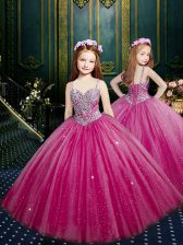 Simple Sleeveless Floor Length Beading and Sequins Lace Up Pageant Gowns For Girls with Fuchsia