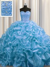  Floor Length Baby Blue Sweet 16 Dresses Organza Court Train Sleeveless Beading and Pick Ups
