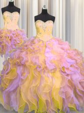 Top Selling Three Piece Multi-color Organza Lace Up Sweetheart Sleeveless Floor Length Ball Gown Prom Dress Beading and Appliques and Ruffles