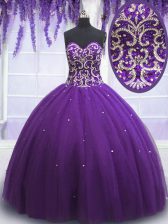  Sweetheart Sleeveless Quinceanera Dress Floor Length Beading Eggplant Purple Tulle