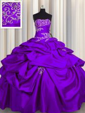 Charming Purple Ball Gowns Taffeta Strapless Sleeveless Appliques and Pick Ups Floor Length Lace Up Quince Ball Gowns