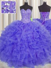  Visible Boning Lavender Organza Lace Up Sweetheart Sleeveless Floor Length Sweet 16 Dresses Beading and Ruffles and Sashes ribbons