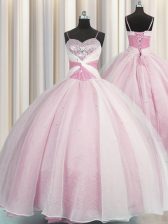  Rose Pink Spaghetti Straps Lace Up Beading and Ruching Quinceanera Gown Sleeveless