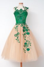 High Quality Scalloped Multi-color A-line Embroidery Prom Evening Gown Zipper Tulle Sleeveless Tea Length