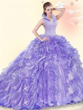  Beading and Ruffles Vestidos de Quinceanera Lavender Backless Sleeveless Brush Train