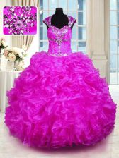  Fuchsia Ball Gowns Organza Straps Cap Sleeves Beading and Ruffles Floor Length Lace Up 15 Quinceanera Dress