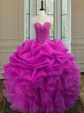  Sleeveless Organza Floor Length Lace Up Quinceanera Dresses in Fuchsia with Beading and Ruffles