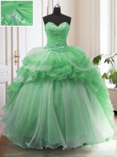  Sweetheart Sleeveless Vestidos de Quinceanera Sweep Train Beading and Ruffled Layers Green Organza
