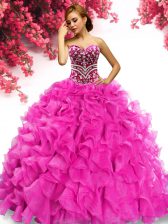  Hot Pink Quinceanera Gown Military Ball and Sweet 16 and Quinceanera with Beading and Ruffles Sweetheart Sleeveless Sweep Train Lace Up