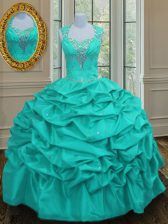  Straps Pick Ups Floor Length Ball Gowns Sleeveless Aqua Blue Quinceanera Dresses Lace Up