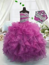 Amazing Floor Length Fuchsia Kids Pageant Dress Organza Sleeveless Beading and Ruffles