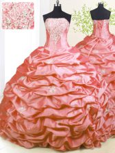  Pink Taffeta Lace Up Strapless Sleeveless With Train Quinceanera Gowns Sweep Train Beading and Pick Ups