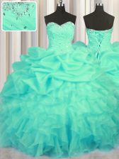 High Class Sweetheart Sleeveless Organza Sweet 16 Quinceanera Dress Beading and Ruffles and Ruching and Pick Ups Lace Up