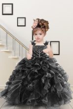  Floor Length Black Little Girls Pageant Dress Straps Sleeveless Lace Up