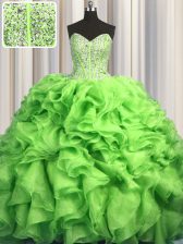Best Visible Boning Brush Train Beading and Ruffles Quinceanera Dress Green Lace Up Sleeveless With Train Sweep Train