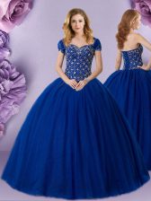 Inexpensive Royal Blue Tulle Lace Up Quinceanera Gown Sleeveless Floor Length Beading