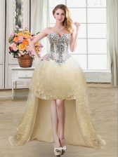  High Low Lace Up Prom Party Dress Champagne for Prom and Party with Beading and Lace and Sequins