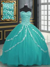 Extravagant Sweetheart Sleeveless Sweet 16 Dresses With Brush Train Beading and Appliques Turquoise Tulle