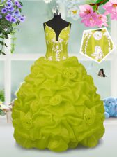 Latest Yellow Green V-neck Neckline Beading and Pick Ups Kids Formal Wear Sleeveless Lace Up
