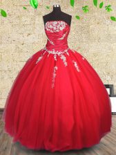 Romantic Strapless Sleeveless Tulle Quinceanera Dresses Appliques and Ruching Lace Up