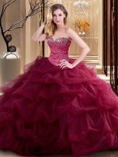  Burgundy Lace Up Sweetheart Beading and Ruffles Ball Gown Prom Dress Tulle Sleeveless