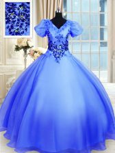  Blue Short Sleeves Floor Length Appliques Lace Up Sweet 16 Dresses