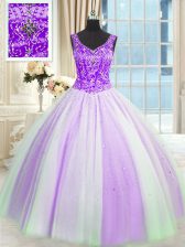  White And Purple Lace Up V-neck Beading and Sequins Quinceanera Dress Tulle Sleeveless