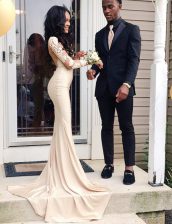 Admirable Mermaid Scoop Backless With Train Champagne Prom Evening Gown Chiffon Watteau Train Long Sleeves Appliques