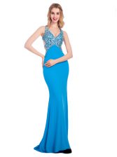 Fabulous V-neck Sleeveless Clasp Handle Prom Party Dress Baby Blue Silk Like Satin